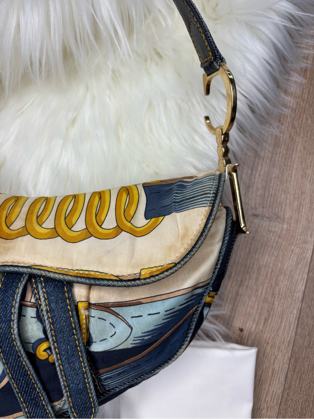 💙 RARE✨ Dior Blue Saddle Satin Chain Print Bag - Picture 5 of 17